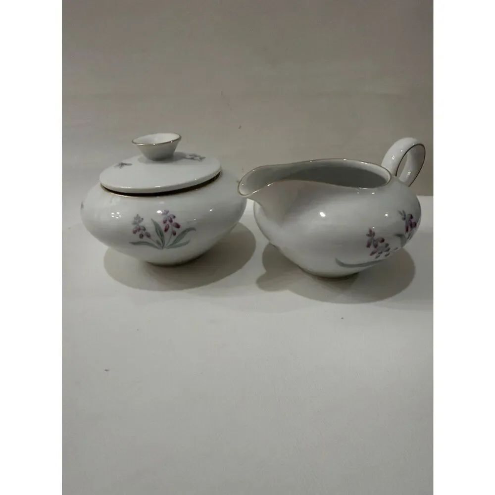 R KPM Krister Germany White Porcelain Creamer Sugar Bowl Tea Set Purple Floral